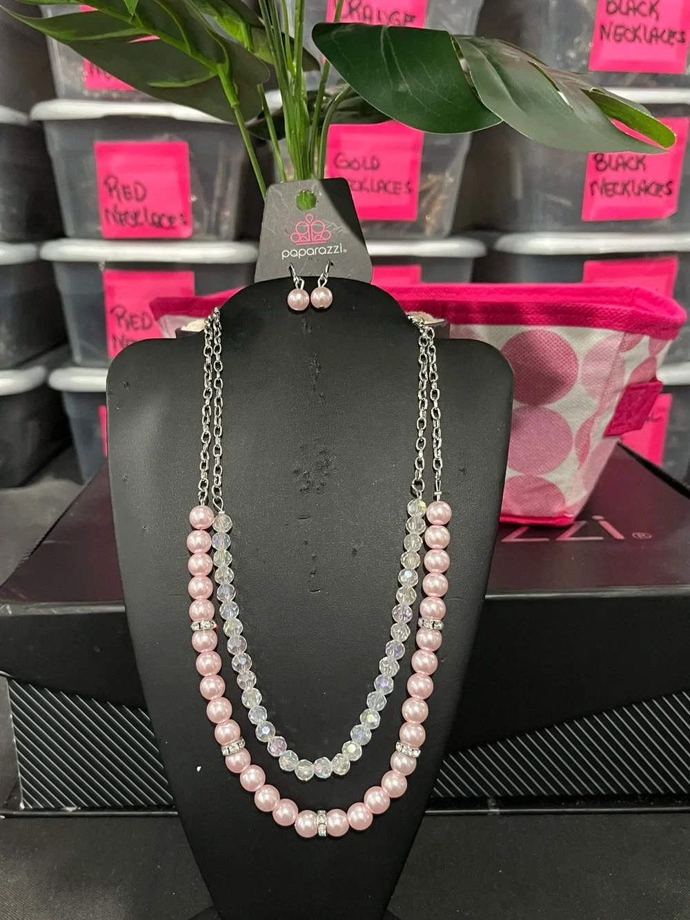 Paparazzi Pink Pearl and Iridescent Double Strand Necklace Set